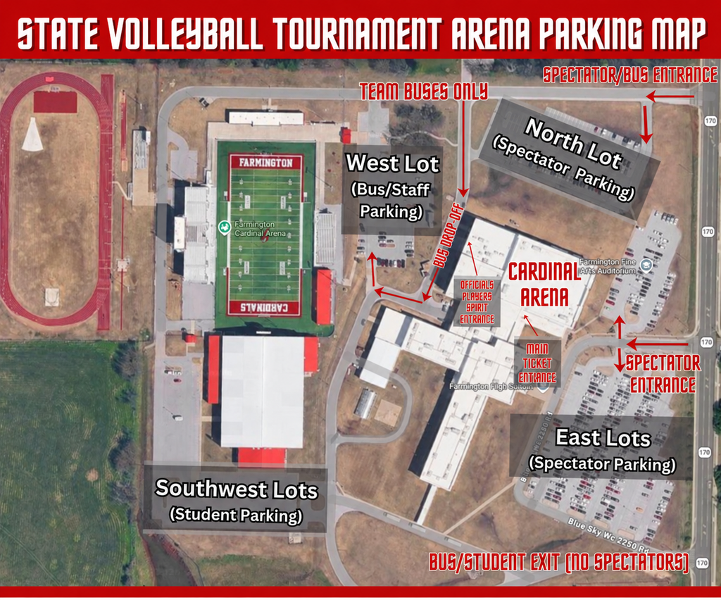 Overhead map of parking lots and areas with labels indicating parking for teams, spectators, and students.