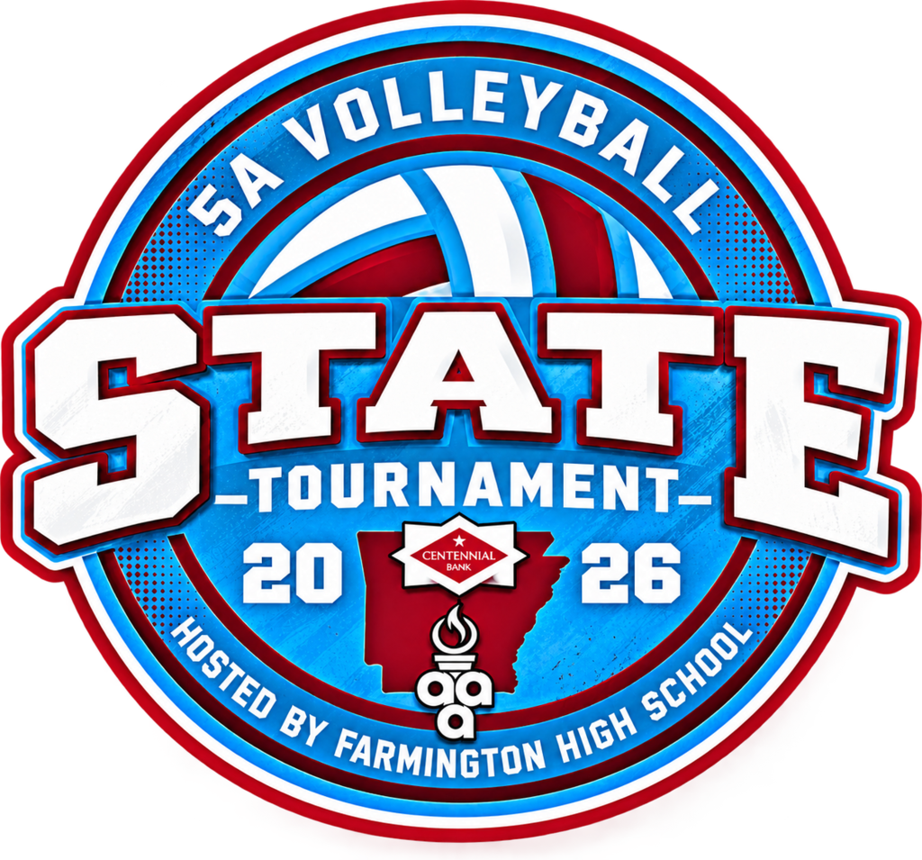 Round logo with blue, red, and white elements. Words "SA Volleyball State Tournament 2026" and "Hosted by Farmington High School".
