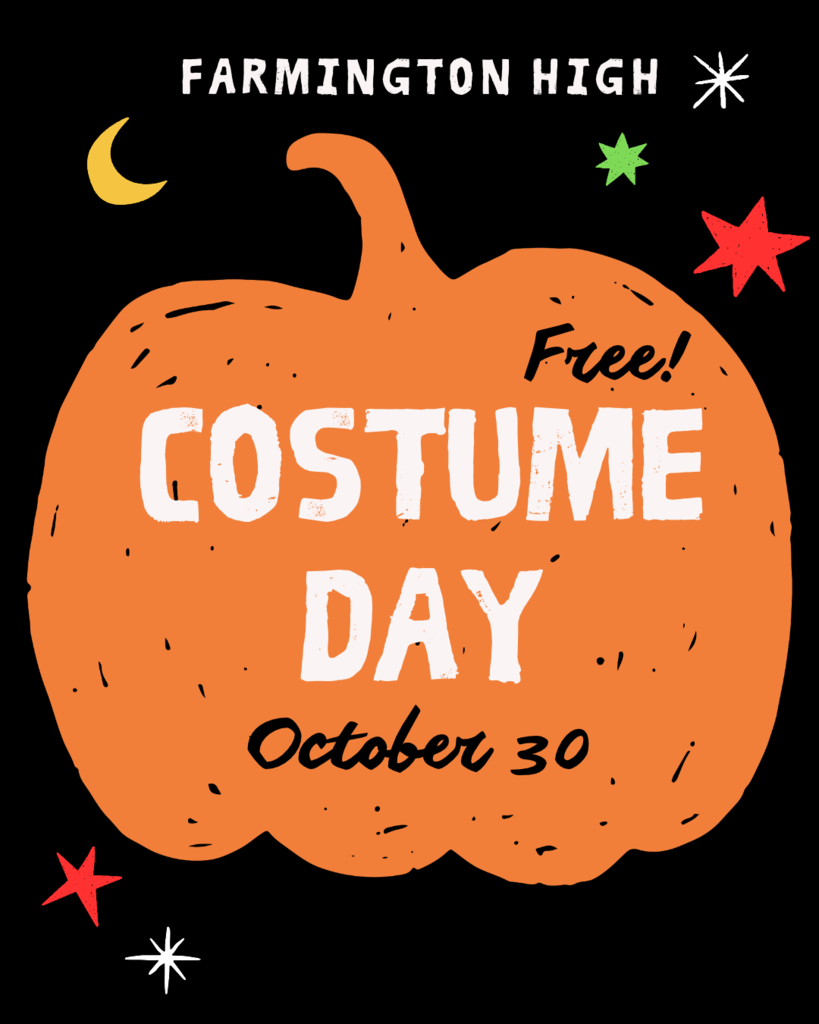 Black poster with orange pumpkin drawing and stars. Text reads "Free! Costume Day October 30" above pumpkin.