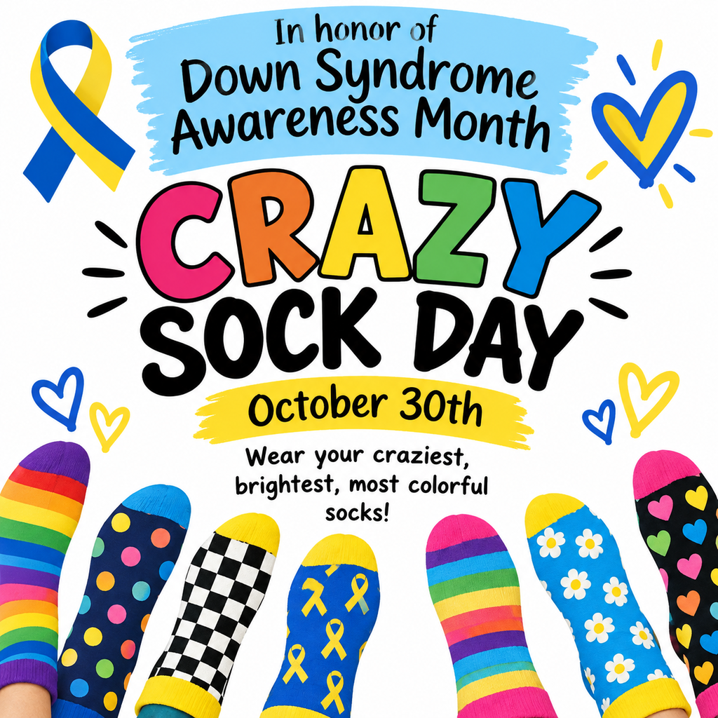 Feet wearing colorful socks with different patterns and designs in front of an advertisement.