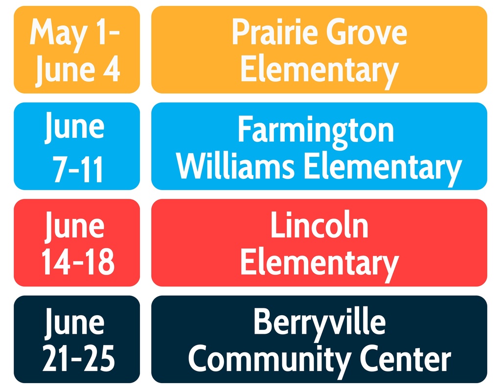 Four colored boxes with dates and names. Top left: May 1-June 4, Prairie Grove Elementary. Top right: June 7-11, Farmington Williams Elementary. Middle left: June 14-18, Lincoln Elementary. Bottom left: June 21-25, Berryville Community Center.