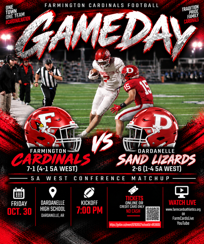 Football game poster with players in action on field. Helmets, jerseys, and sneakers visible. Game day details and locations provided.