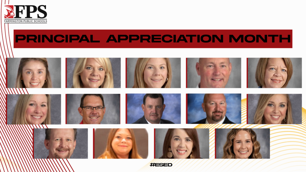 A banner displays "Principal Appreciation Month" above 12 photos of smiling school principals, arranged in 3 rows.