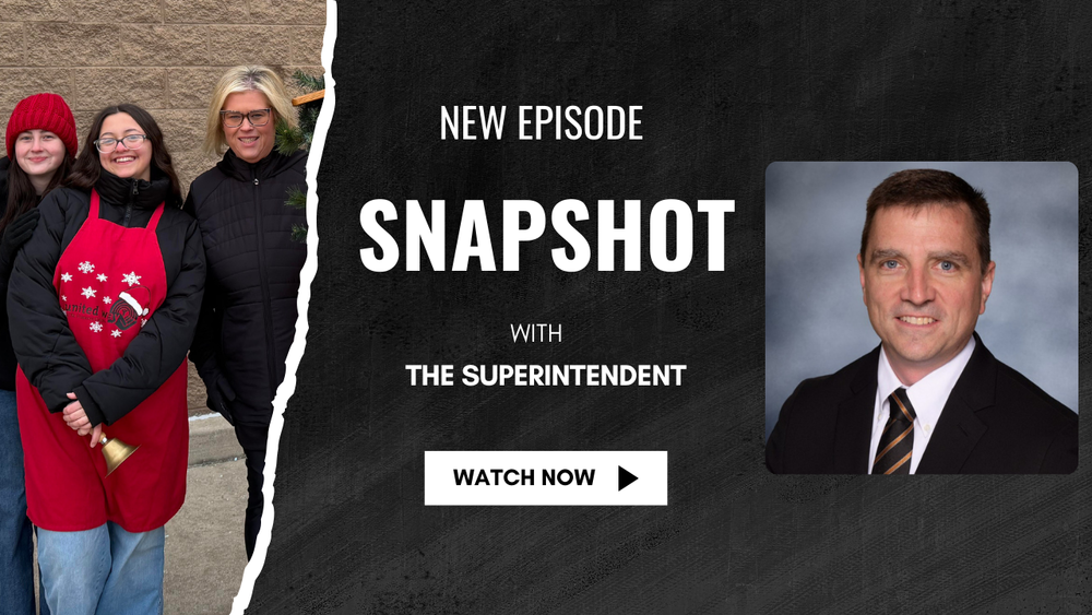 Snapshot With The Superintendent New Episode. Photo of students and staff ringing the bell for the United Way and a separate photo of Dr. Gibbs