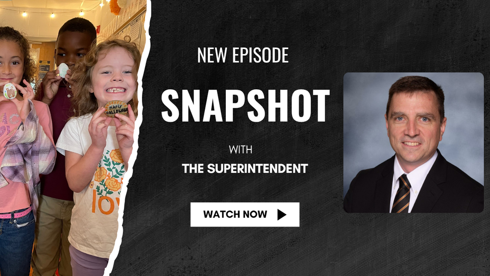 image of students holding decorated rocks and a picture of the Superintendent Dr. Kyle Gibbs