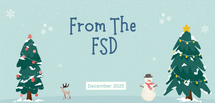 From the FSD December 2025 winter scene with trees reindeer and a snoman