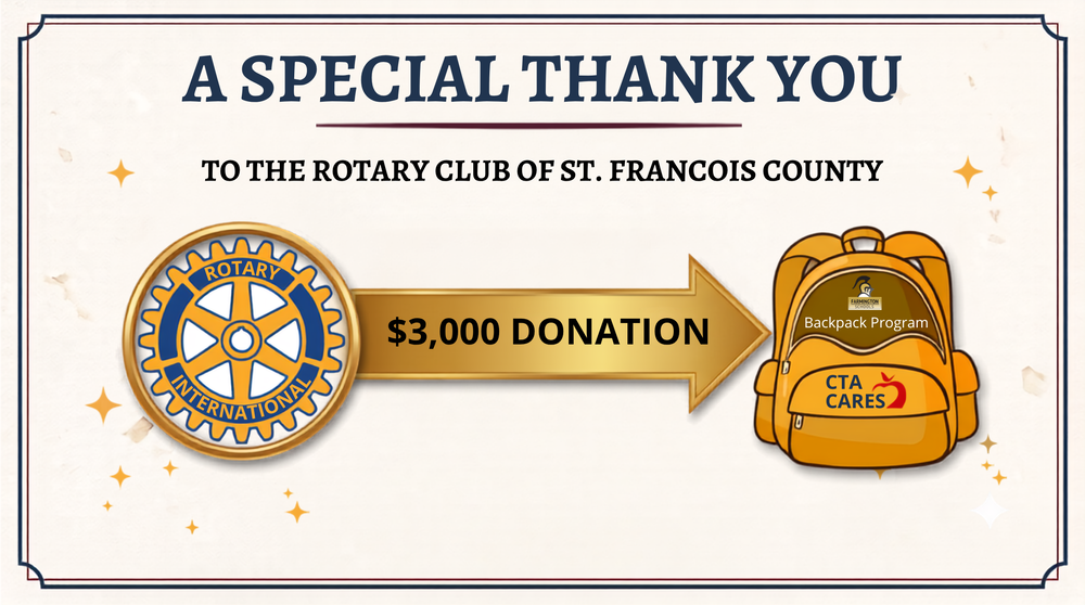 Donation by the Rotary Club of St. Francois County to the Farmington School's Backpack Program