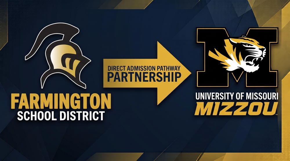 Farmington logo and University of Missouri logo with an arrow between the two pointing towards University of Missouri. Words in the arrow read "Direct Admission Pathway  Partnership"