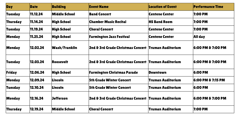Music Department Fall Winter Concerts and Performances