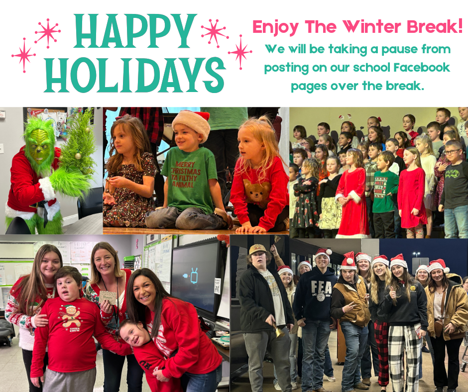 Happy Holidays! Enjoy The Winter Break! We will be taking a pause from posting on our school Facebook pages over the break.