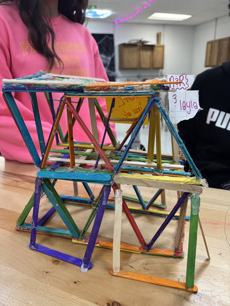 example of a side view of a bridge with triangle supports made of popsicle sticks