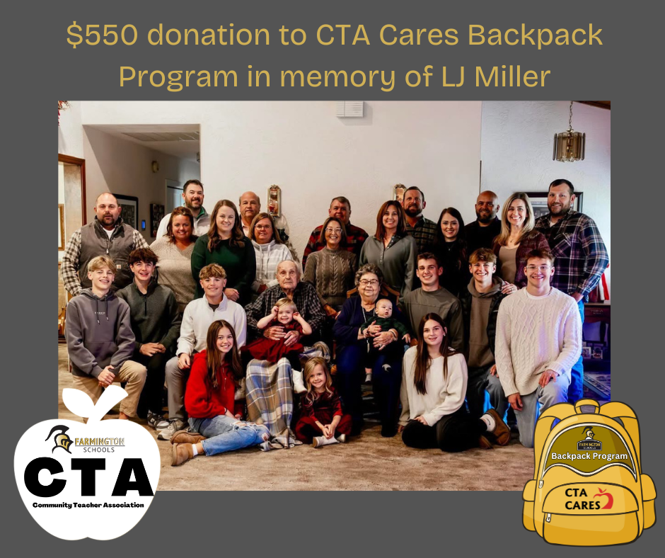 $550 donation to CTA Cares Backpack Program in memory of LJ Miller. LJ Miller and family in photo
