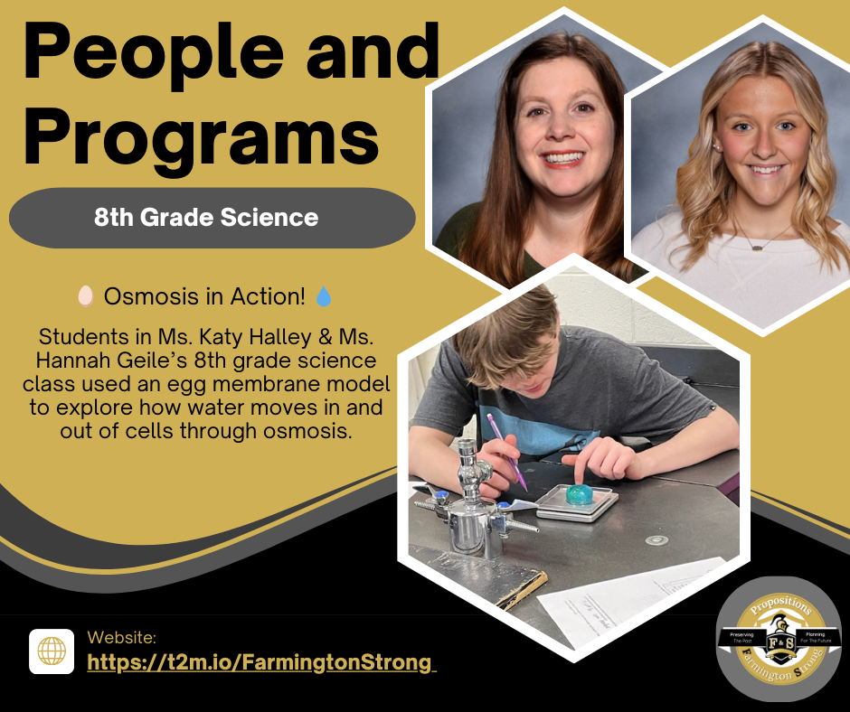 🥚 People & Programs: Exploring Osmosis in 8th Grade Science 💧 Students in Ms. Katy Halley and Ms. Hannah Geile’s 8th grade science classes at FMS took a hands-on approach to understanding osmosis with an engaging lab experiment! 🔬 Using an egg as a model for a cell membrane, students: ✅ Placed eggs in different liquids overnight to observe water movement ✅ Measured changes in mass to analyze how osmosis affects cells ✅ Used their observations to explain how cell membranes regulate water flow This experiment brought textbook concepts to life, helping students visualize how cellular processes impact living organisms! 📌 #FarmingtonStrong