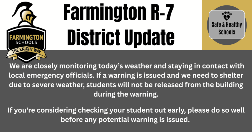 We are closely monitoring today’s weather and staying in contact with local emergency officials. If a warning is issued and we need to shelter due to severe weather, students will not be released from the building during the warning. If you're considering checking your student out early, please do so well before any potential warning is issued.
