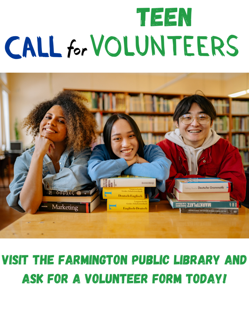 Call For Teen Volunteers picture of 3 students in a library with books on the table