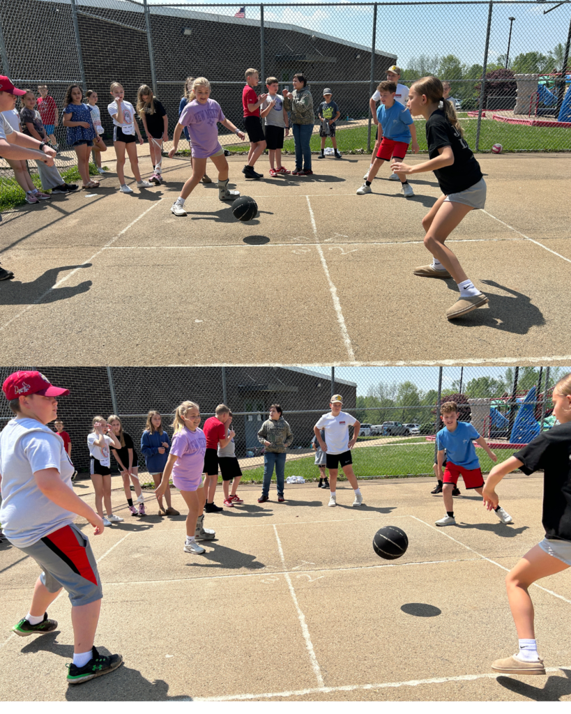 students playing four square on the playground