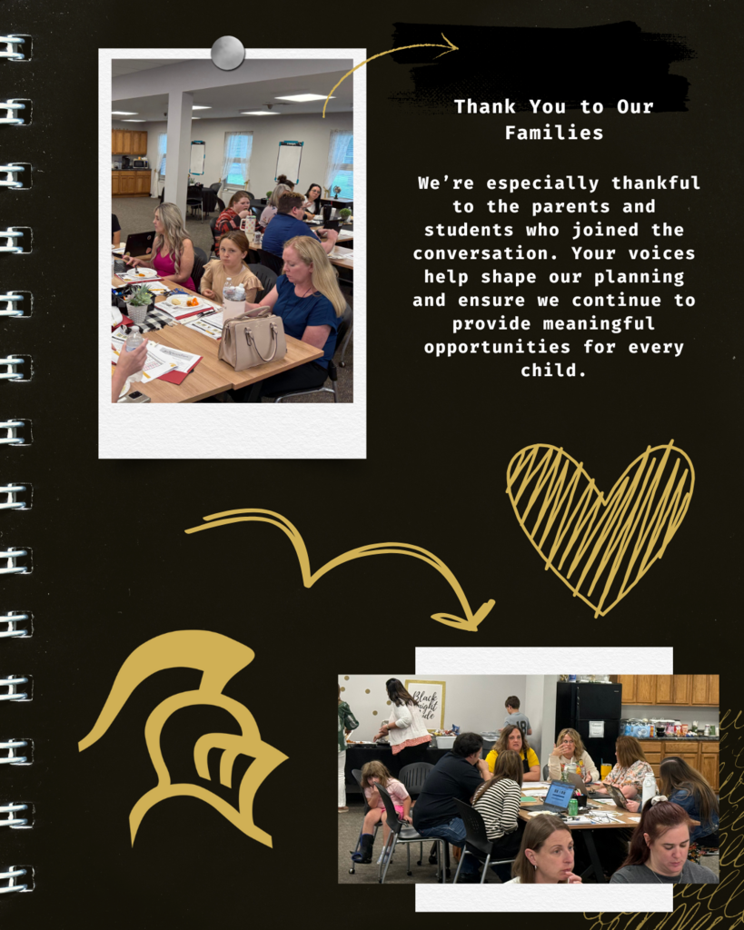 pictures of staff, parents and students at tables meeting about Title programming