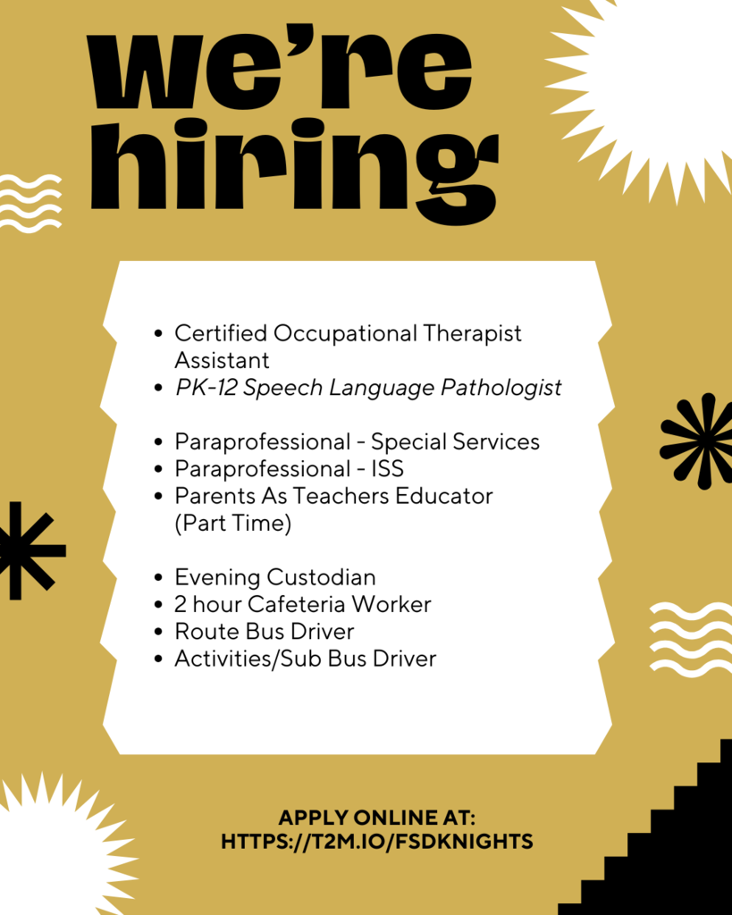 Certified Occupational Therapist Assistant PK-12 Speech Language Pathologist Paraprofessional - Special Services Paraprofessional - ISS Parents As Teachers Educator (Part Time) Evening Custodian 2 hour Cafeteria Worker Route Bus Driver Activities/Sub Bus Driver