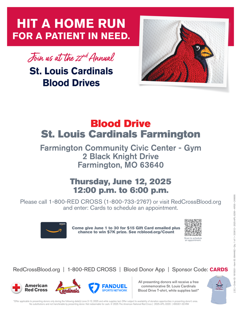 Blood Drive Flyer June 12, 2025 12 pm to 6:00 pm Farmington Civic Center