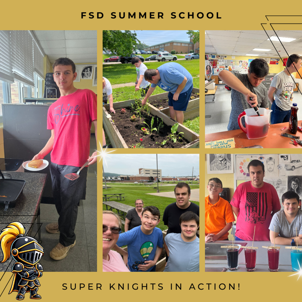 Various photos of Super Knights working making lunch, cleaning up around campus and working in the gardens