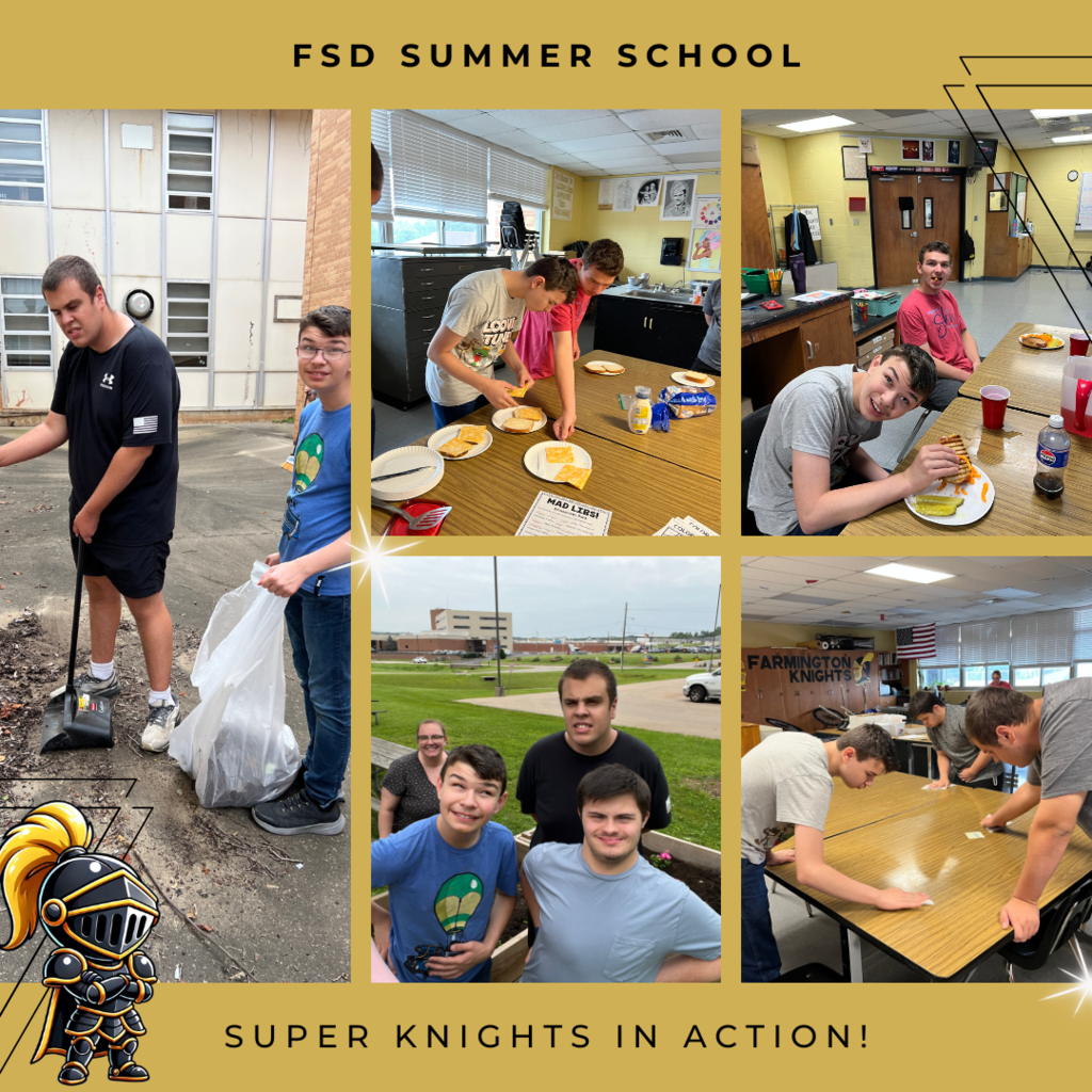 Various photos of Super Knights working making lunch, cleaning up around campus and working in the gardens