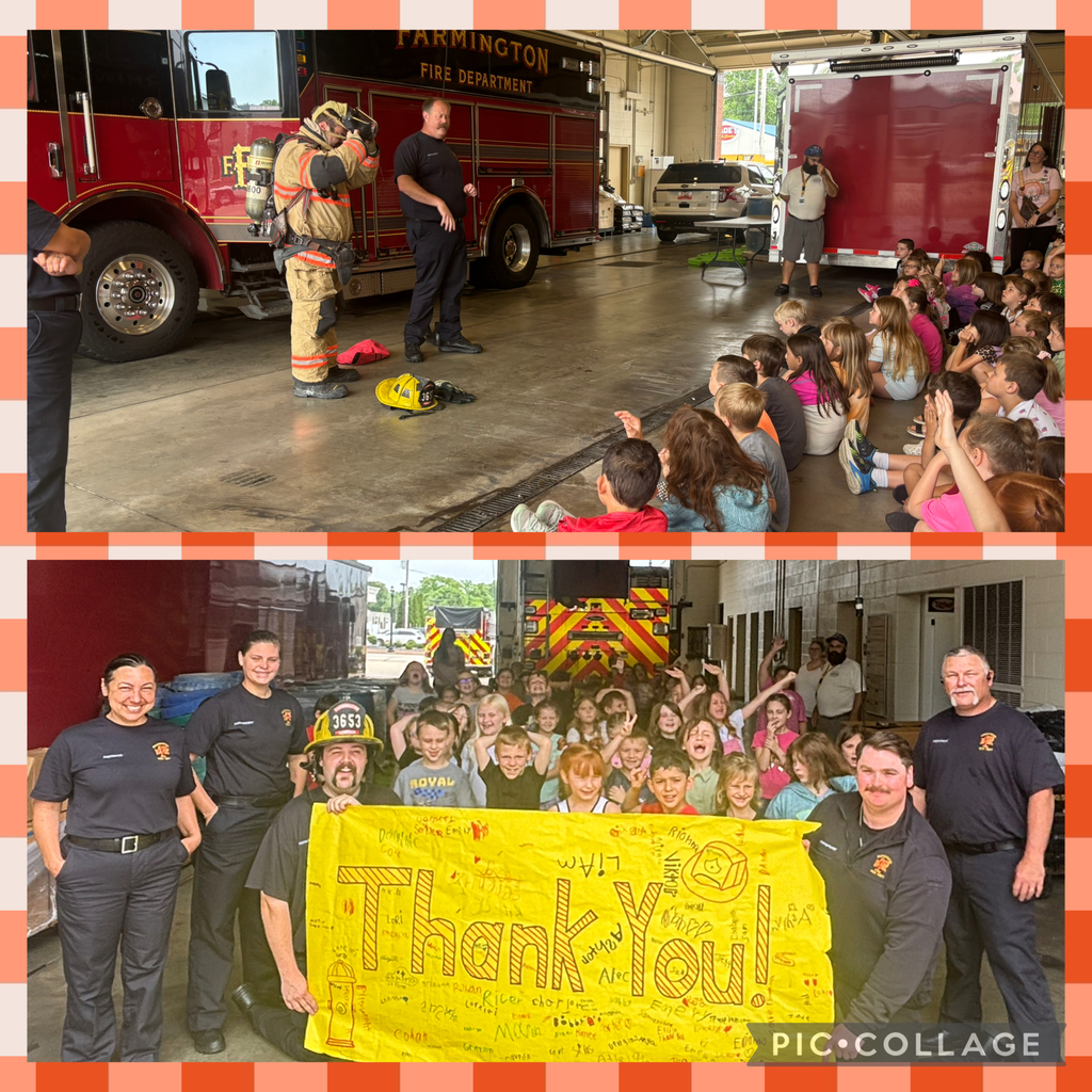 students with Farmington Fire Fighters at the station