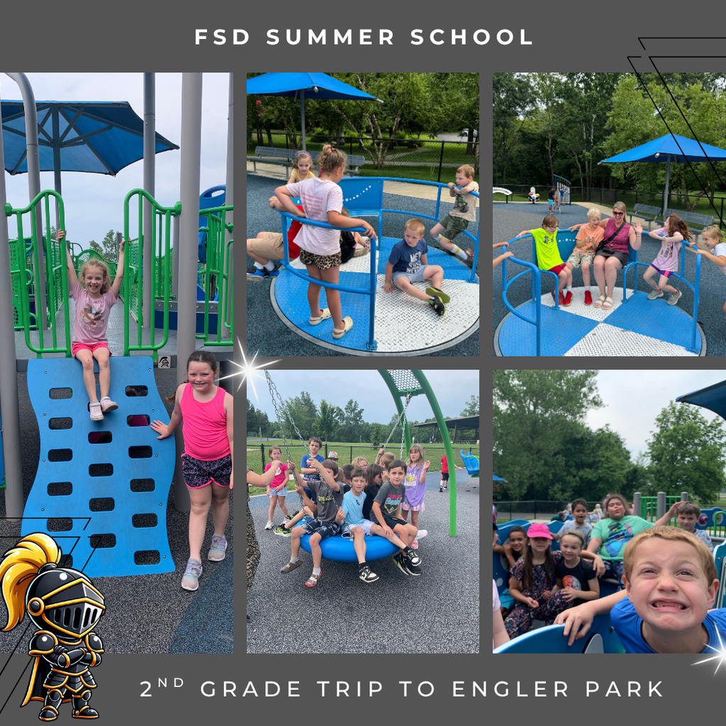 A collage of pictures of students having fun and playing on the playground equipment at Engler Park