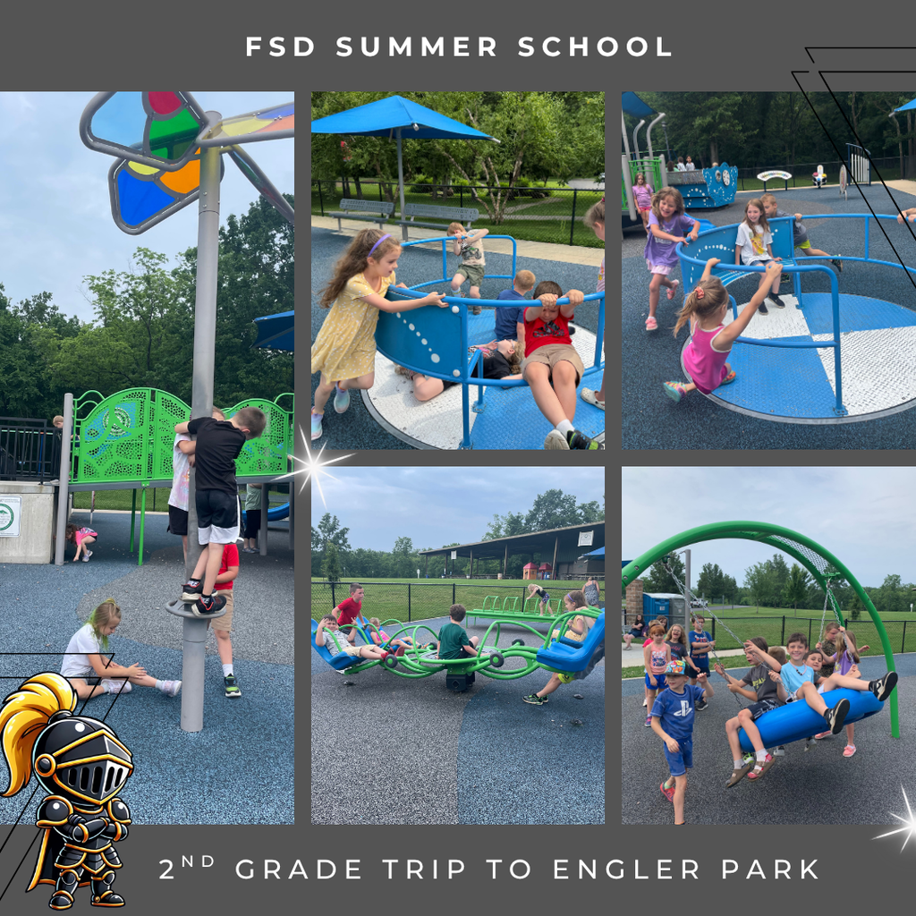 A collage of pictures of students having fun and playing on the playground equipment at Engler Park