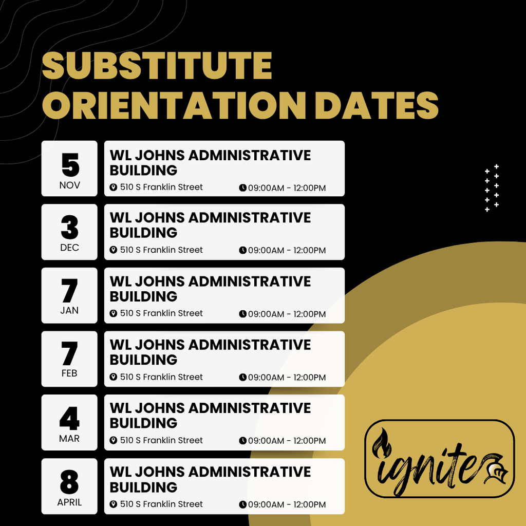 substitute orientation from 9am-12pm on the following dates: July 16th at DBLC (608 Pine Street) August 6th at DBLC (608 Pine Street) August 12th at DBLC (608 Pine Street) September 10th at WLJ (510 S Franklin Street) October 14th at WLJ (510 S Franklin Street) November 5th at WLJ (510 S Franklin Street) December 3rd at WLJ (510 S Franklin Street) January 7th at WLJ (510 S Franklin Street) February 7th at WLJ (510 S Franklin Street) March 4th at WLJ (510 S Franklin Street) April 8th at WLJ (510 S Franklin Street) Everyone (new and returning) must attend an orientation every year in order to substitute. We hope you are available to attend one of these dates. If you are able to attend please bring the following items with you (unless you are returning from last year):