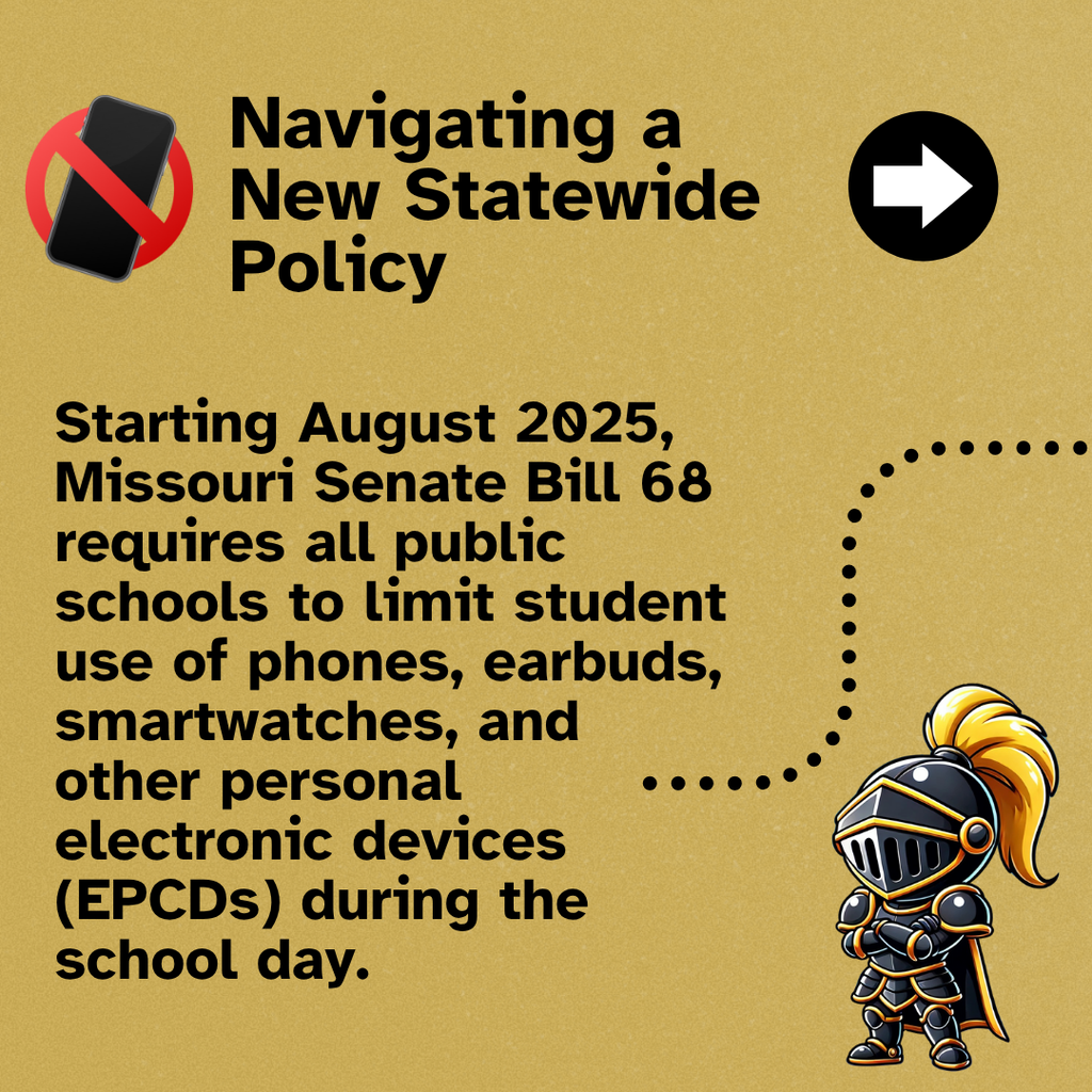 navigating a new statewide policy - Starting August 2025, Missouri Senate Bill 68 requires all public schools to limit student use of phones, earbuds, smartwatches, and other personal electronic devices (EPCDs) during the school day.