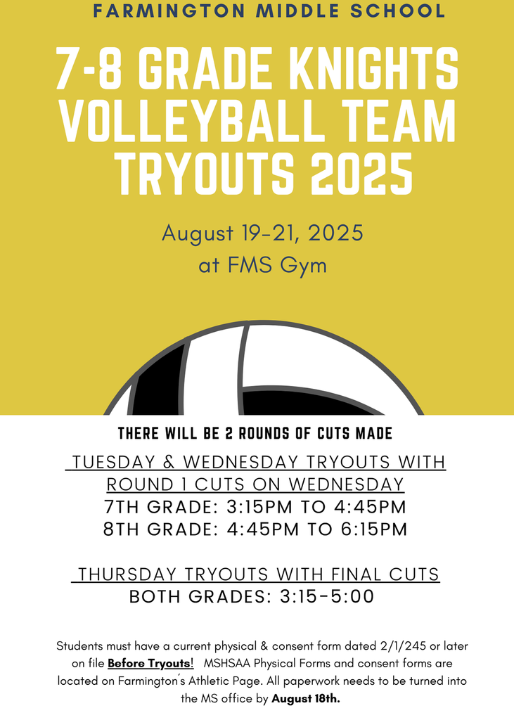 Middle School Volleyball Tryouts August 19-21 in the FMS Gym