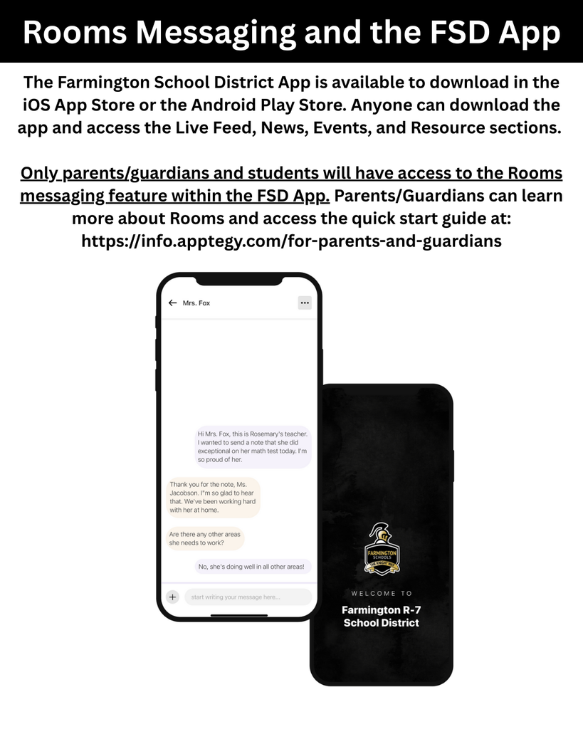 Rooms Messaging and the FSD App phone image and same message as caption