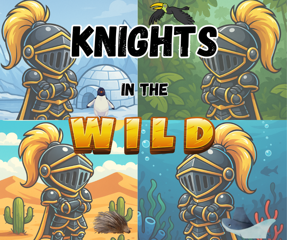 knights in the wild collage of the little knight in 4 different biomes