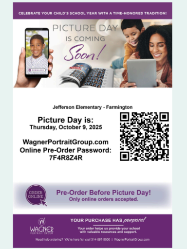 Picture Day is Thursday, October 9, 2025 . You can preorder at WagnerPortraitGroup.com use password 7f4r8z4r