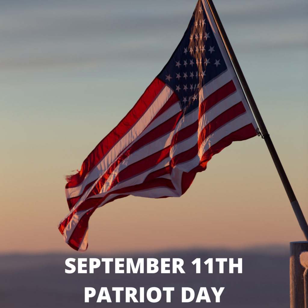 A photo of the American flag waving gently in the wind at sunset. The sky is a gradient of soft orange and pink. The words "SEPTEMBER 11TH" are centered below the image in bold white text, with "PATRIOT DAY" directly underneath.