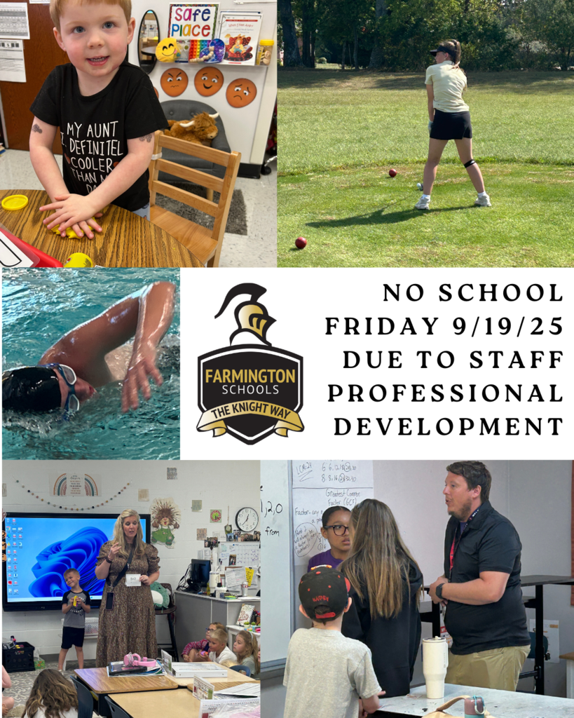 pictures of students and teachers in class at the golf course and a swimmer in the pool
