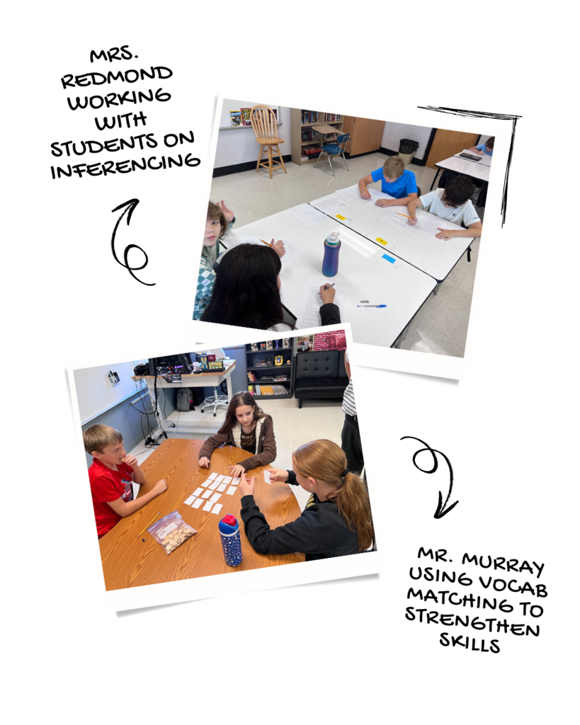 Mrs. Redmond working With Students on inferencing Mr. Murray using vocab matching to strengthen skills
