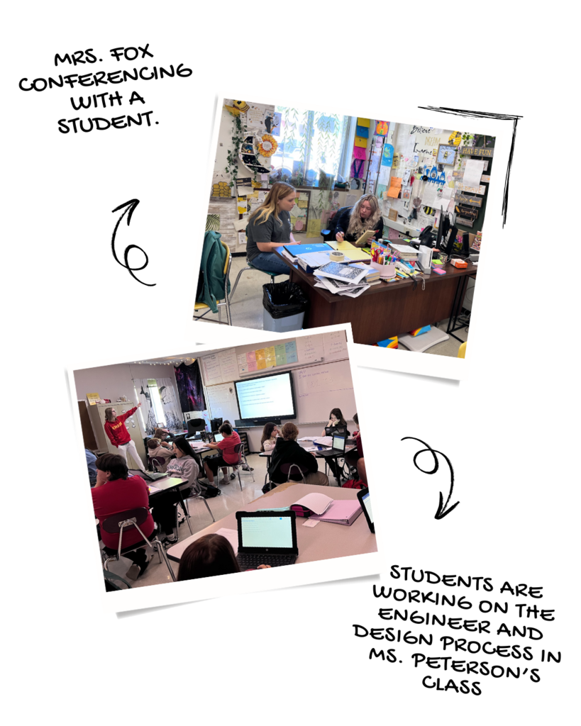 Mrs. Fox Conferencing With a student.Students are working on the Engineer and Design process In Ms. Peterson’s Class