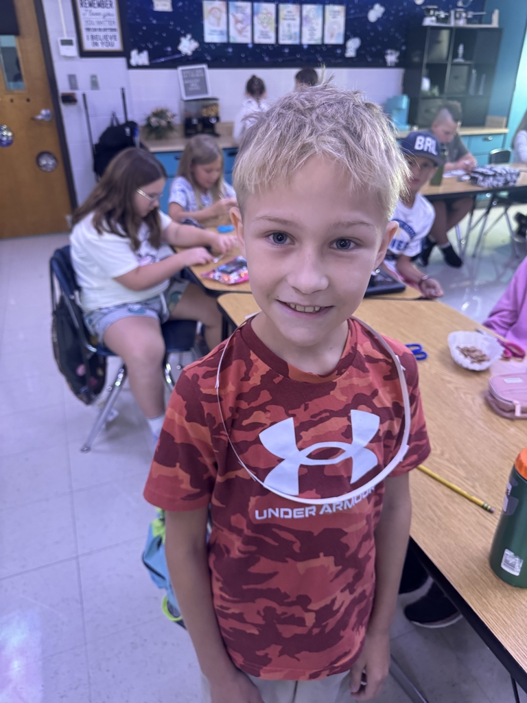 Students with index cards over their heads after completing a classroom activity.