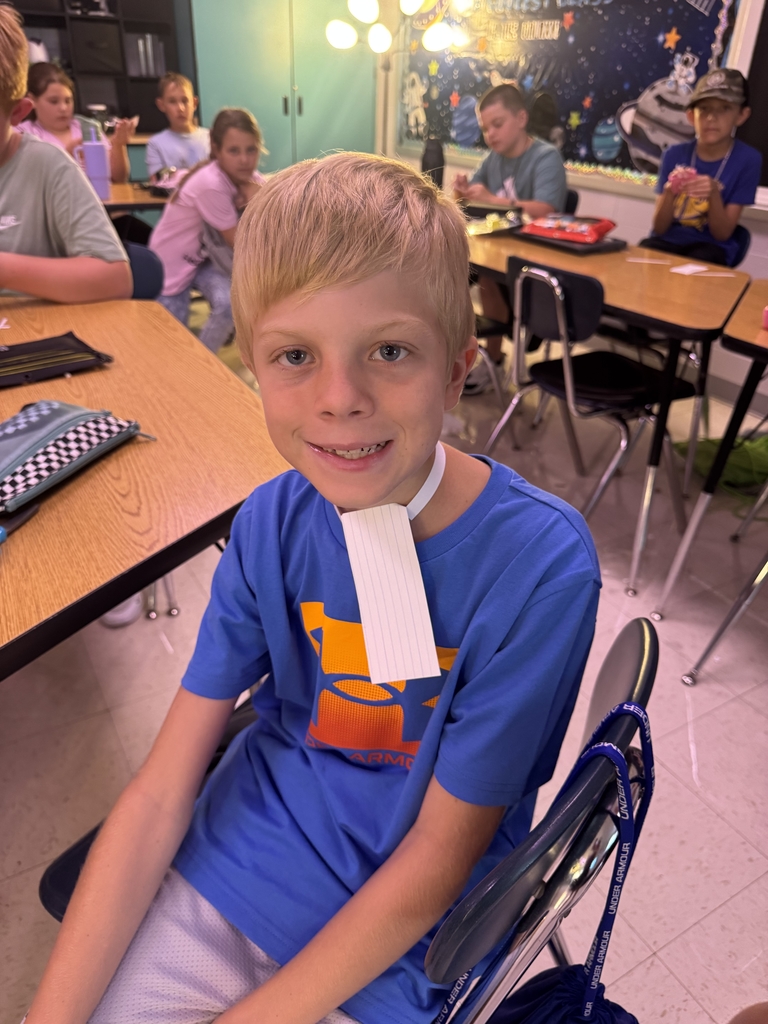 Students with index cards over their heads after completing a classroom activity.