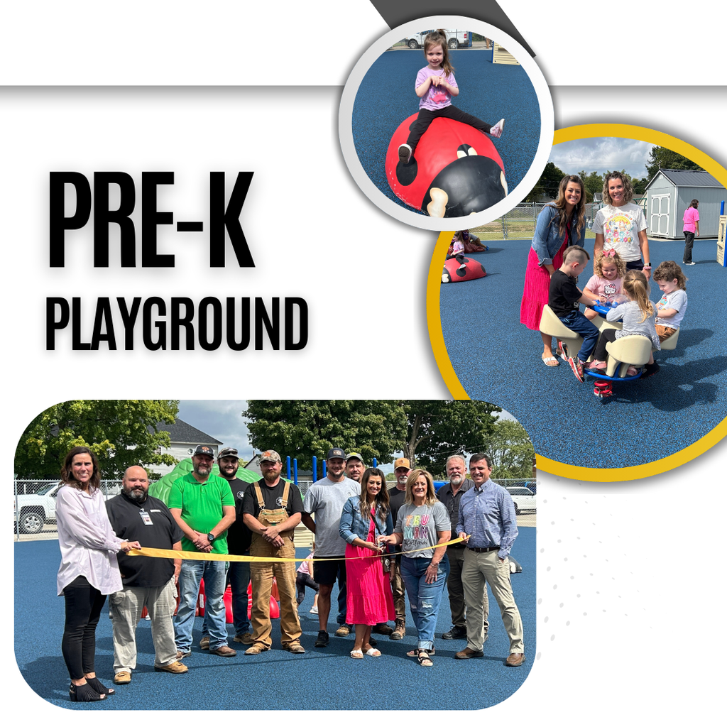 picture of ribbon cutting ceremony and students on the new playground
