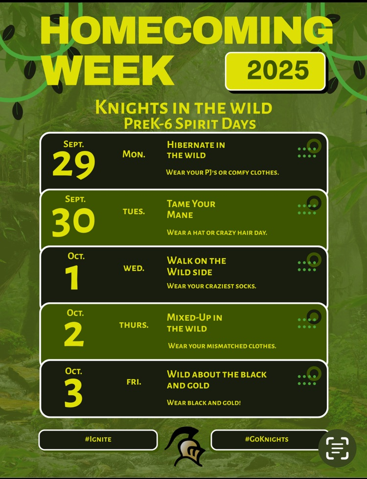 9/29-pj day, 9/30- hat or crazy hair, 10/1-crazy socks, 10/2-mismatch clothes, 10/3-black and gold day