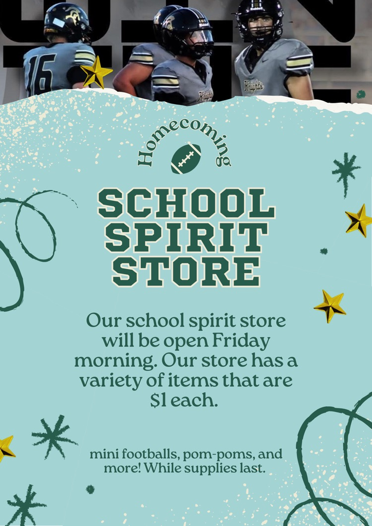 school spirit store open tomorrow. items $1 each