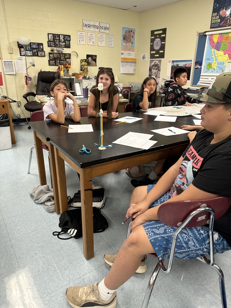 Students engaged in an engineering design challenge, building tall towers out of spaghetti and marshmallows while working in small teams.