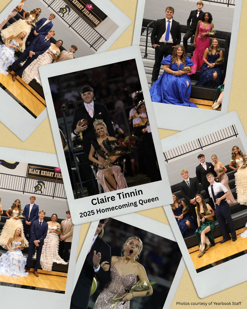 collage of homecoming court and claire being crowned queen