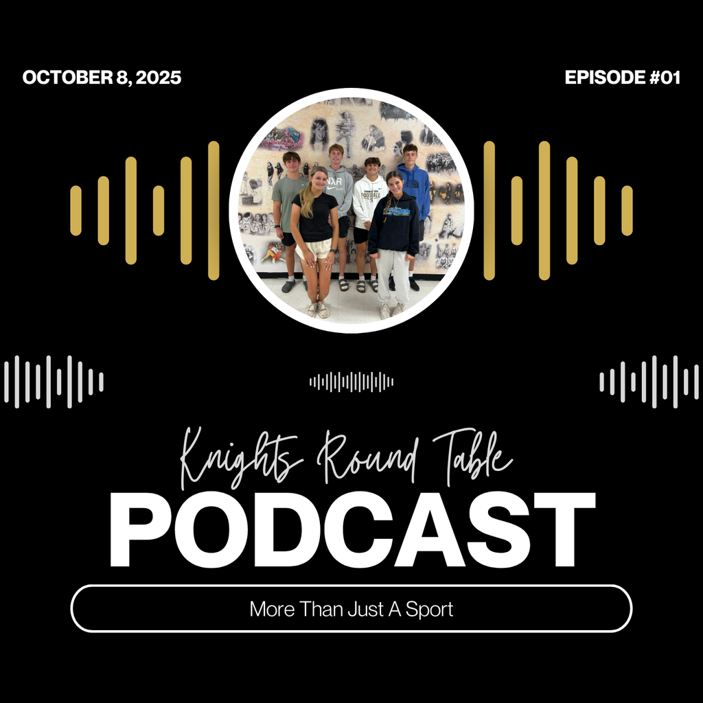 Knights Round Table Podcast Graphic students in center