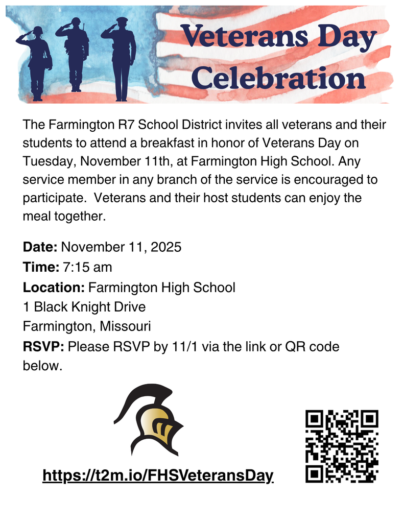 We are excited to welcome Veterans to our building for breakfast on November 11th! Please see the attached flyer with more information. The sign-up form is also attached. Please sign up by November 1st. If you have any questions, please contact us! https://t2m.io/FHSVeteransDay