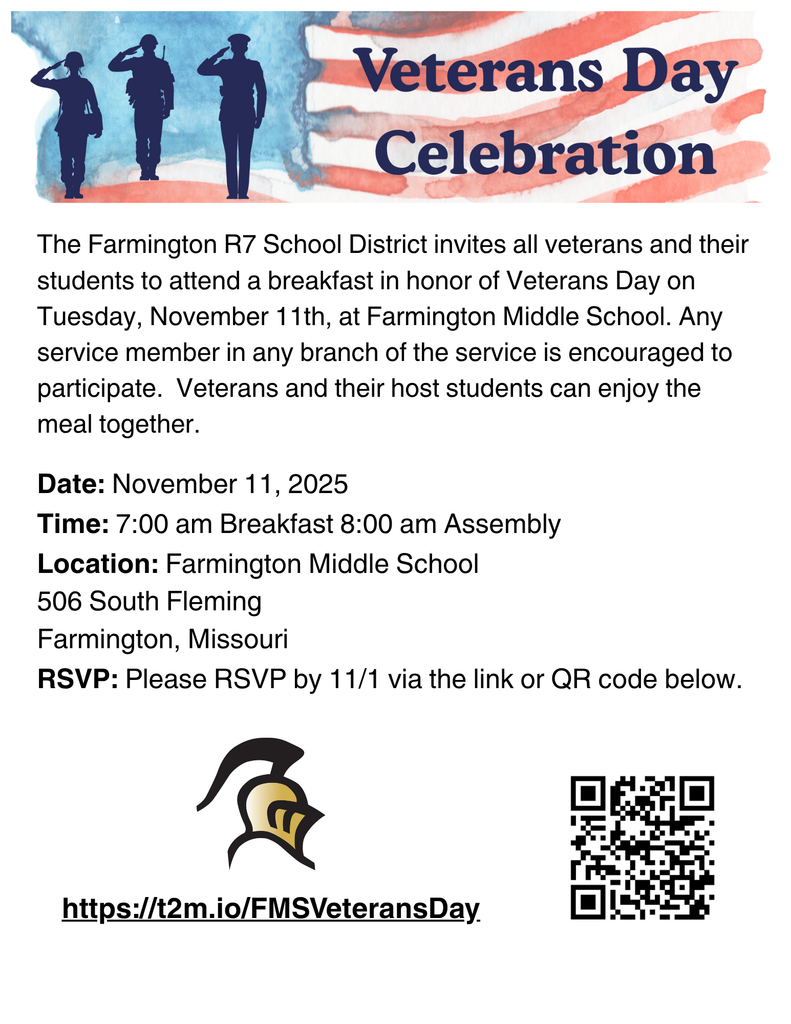 We are excited to welcome Veterans to our building for breakfast on November 11th! Please see the attached flyer with more information. The sign-up form is also attached. Please sign up by November 1st. If you have any questions, please contact us!  https://t2m.io/FMSVeteransDay 