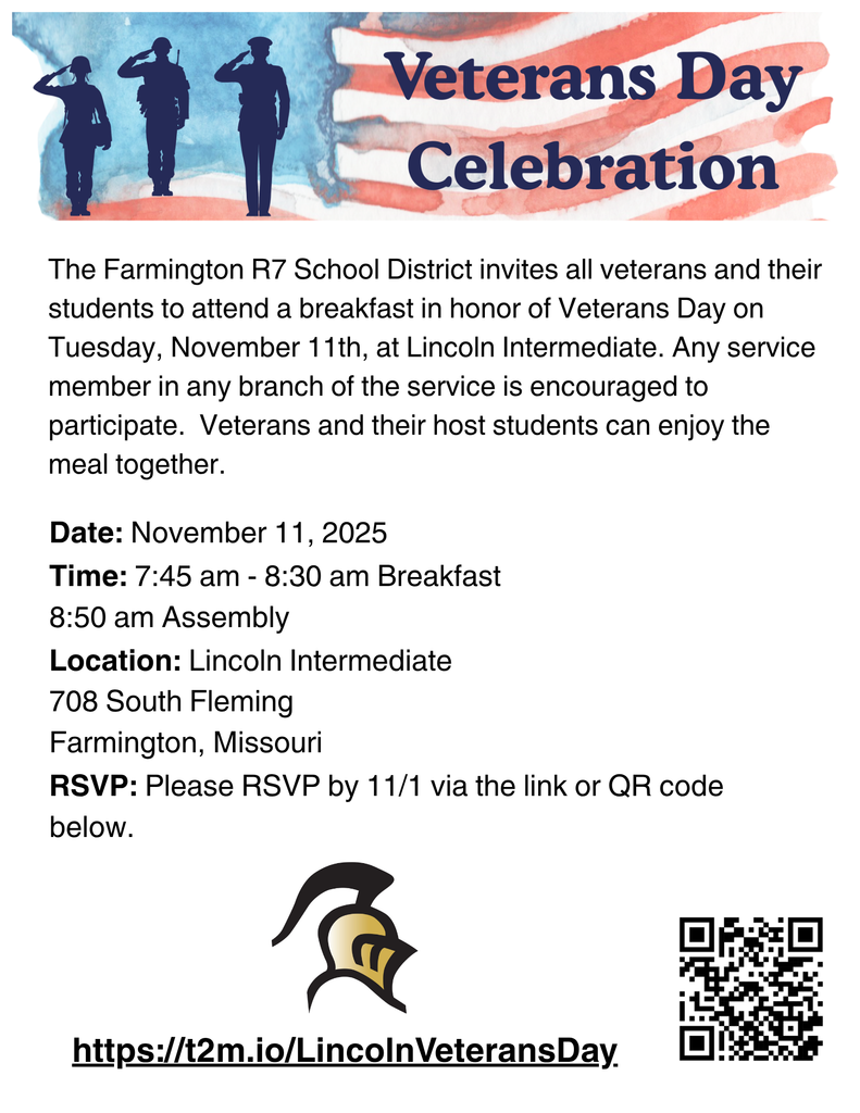 We are excited to welcome Veterans to our building for breakfast on November 11th! Please see the attached flyer with more information. The sign-up form is also attached. Please sign up by November 1st. If you have any questions, please contact us! https://t2m.io/LincolnVeteransDay