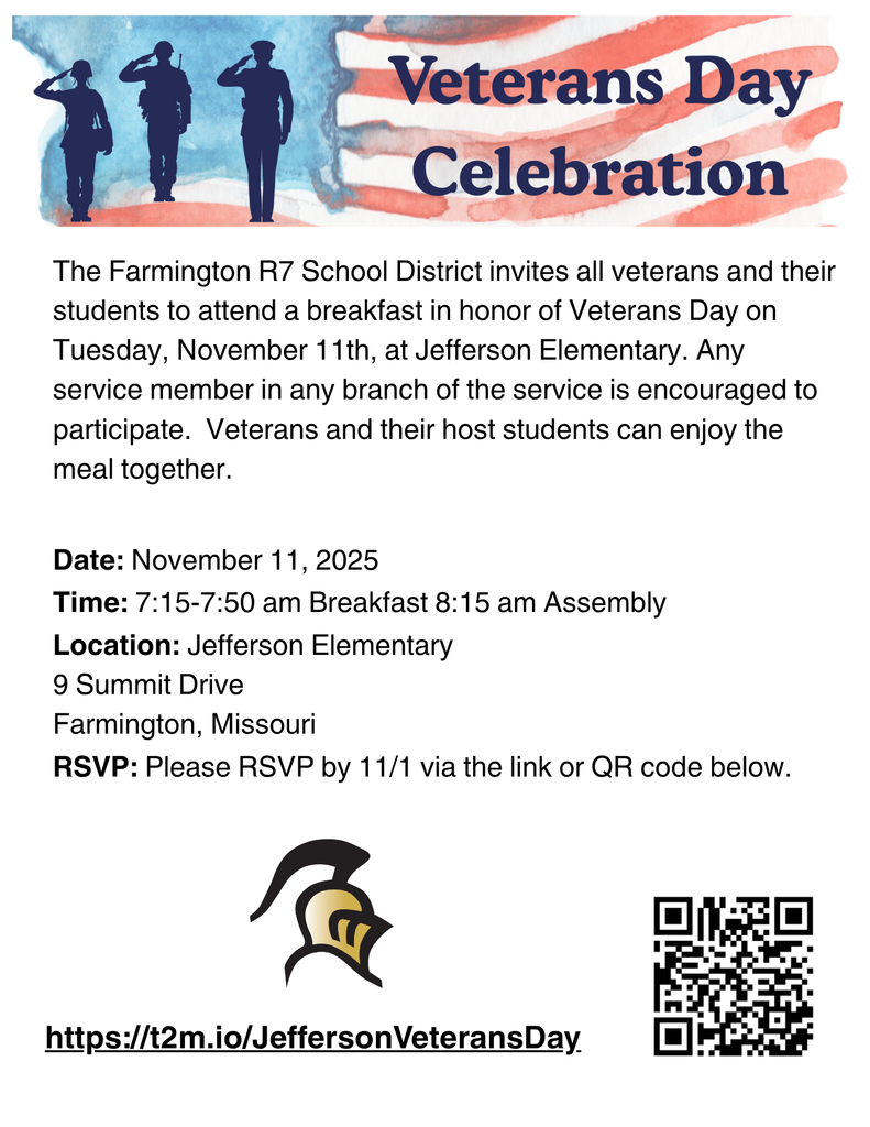 We are excited to welcome Veterans to our building for breakfast on November 11th! Please see the attached flyer with more information. The sign-up form is also attached. Please sign up by November 1st. If you have any questions, please contact us! https://t2m.io/JeffersonVeteransDay